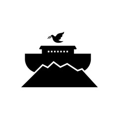 Logo of Noah's Ark. Dove with a branch of olive. Ship to rescue animals and people from the Flood. Biblical illustration.