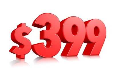 399$ Three hundred and ninety nine price symbol. red text number 3d render with dollar sign on white background