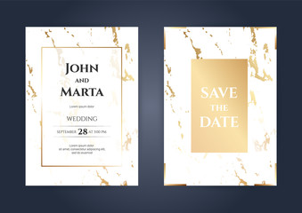 Geometric wedding invitation. Golden polygonal lines frames on the marble texture. Trendy templates for banner, flyer, poster, greeting. eps10