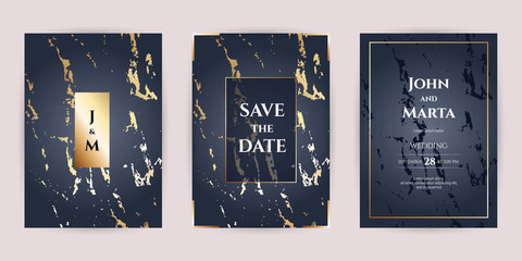 Wedding invitation cards with indigo marble texture background . Design with Luxury Marbling Golden and Geometric shape pattern. Adapt to covers design, brochure, Packaging, Magazine, Poster. eps10 