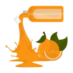 Bottle spilling orange juice and a fruit - Vector