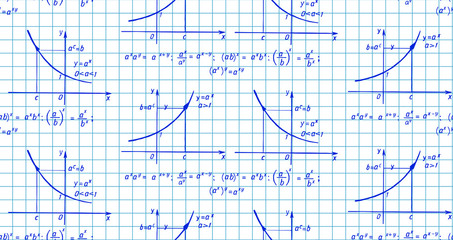 Retro education and scientific background. Math law theory and mathematical formula, equation and scheme on notebook page. Vector hand-drawn seamless pattern.