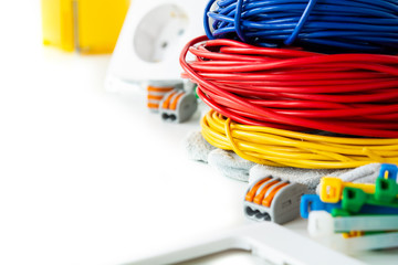 electrician and equipment on white background