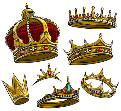 Cartoon royal king golden crown with diamonds and gems. Isolated on white background. Vector icon set.