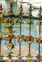 Balatonlelle, Hungary-June 2019. Padlock near the lake with name and romantic message.