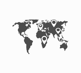 Gray flat vector icon - world map and pictogram geolocation, location.