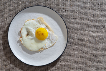 Fried eggs in white plate on a natural background close-up. View from above.
