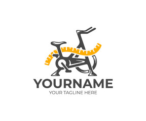 Exercise bike and measuring tape, fitness and dieting, logo design. Gym, sport, tape measure and diet, vector design and illustration