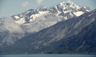 Close up on snowy mountain in Alaska glacier bay national park and preserve.  
