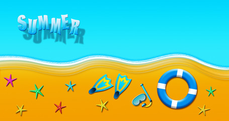 Summer Holiday At Tropical Sandy Beach With Scuba Mask, Flippers, Safety Rings and Starfish Illustration