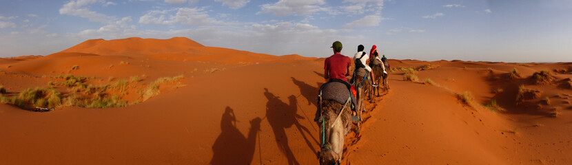 Panoramic desert of Erg Chebbi, Merzouga, Sahara, Morocco. Dromedary caravan with tourists and their shadows  in the dunes of the desert.