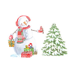 set of watercolor drawings for the new year holidays. funny new year characters