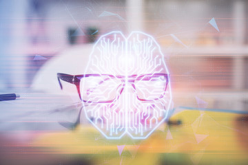 Brain drawings with glasses on the table background. Double exposure.