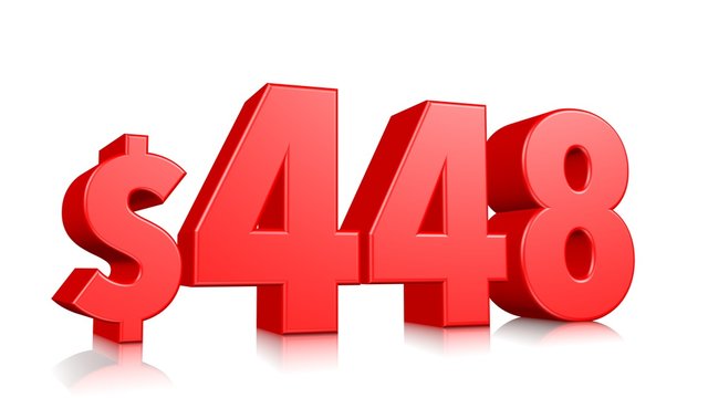 448$ Four hundred and forty eight price symbol. red text number 3d render with dollar sign on white background