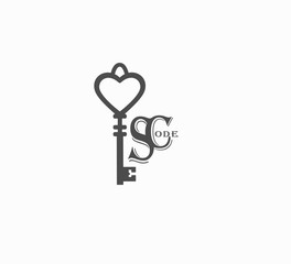 A stylish flat logo for companies is a vintage key with a creative name for the company. Branding and style of the company. Web logos gray vintage key close-up