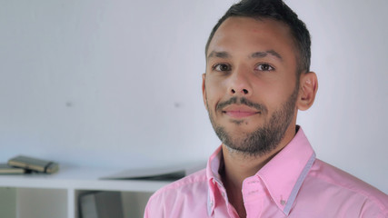 Mixed race handsome man portrait. Young businessman posing in office. Successful employee wearing in casual shirt looking at the camera