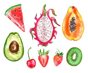 Watercolor collection of painted summer fruits- dragon fruit, papaya, avocado, watermelon slice, strawberry, kiwi fruit, cherry, isolated on white background.