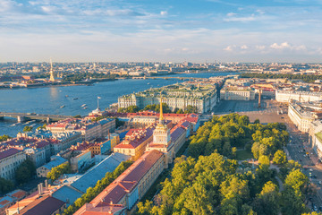 Aerial top view of the Admiralty, Alexander Garden, Palace Square and the Hermitage.