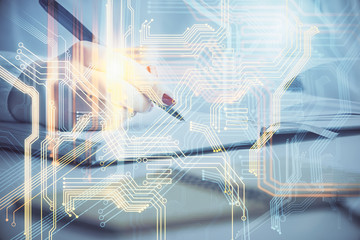 Multi exposure of hands making notes with world map hologram and data theme icons. Concept of global data.