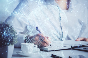Brain multi exposure icon with man hands background.
