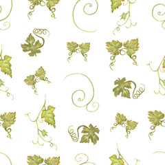 Beautiful watercolor hand drawn seamless green and yellow pattern with grapes branches and leaves.  Isolated on white background.Perfect for your design.Harvest sweet time. © MayaNavits