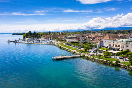 Aerial view of Morges city waterfront in the border of the Leman Lake in  Switzerland