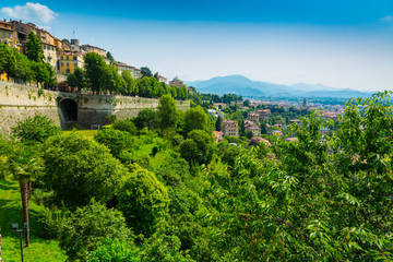 Fototapeta na wymiar Bergamo city panorama from Citta Alta Old Town, Italy