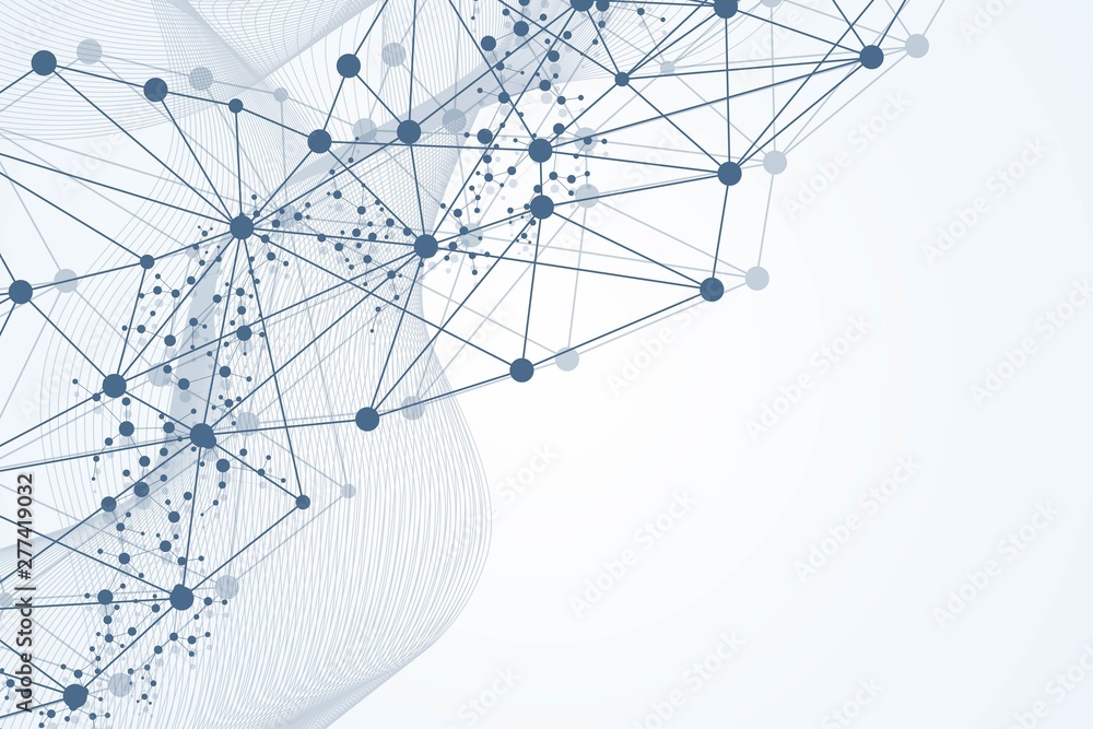 Poster geometric abstract background with connected line and dots. structure molecule and communication. bi