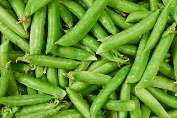 Fresh pea pods as background. Top view.