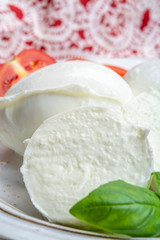 Italian soft cheese mozzarella, white cheese made from cow or buffalo milk with fresh green basil herb and red tomato