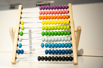 Abacus with colorful wooden beads on white background