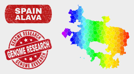 Spectrum dotted Alava Province map and watermarks. Red round Genome Research textured watermark. Gradient spectrum Alava Province map mosaic of randomized round dots.