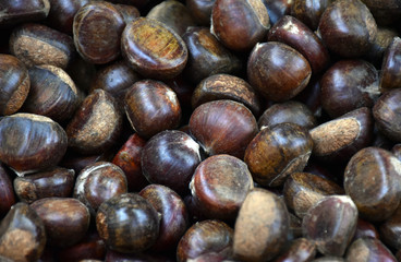 Hot roast chestnuts on sale in a pile in China Town in Kuala Lumpur Malaysia