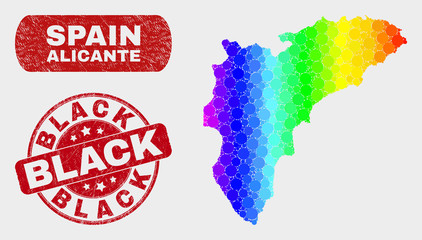 Rainbow colored dot Alicante Province map and watermarks. Red rounded Black scratched seal stamp. Gradient spectrum Alicante Province map mosaic of scattered small circles.