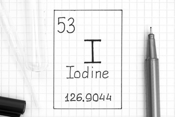 The Periodic table of elements. Handwriting chemical element Iodine I with black pen, test tube and pipette.