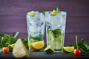 Mojito refreshing summer cocktail. Ingredients: ice, soda, rum, sugar syrup, lime, mint.