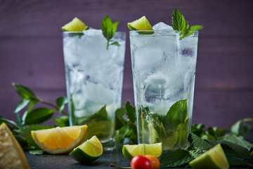 Mojito refreshing summer cocktail. Ingredients: ice, soda, rum, sugar syrup, lime, mint.