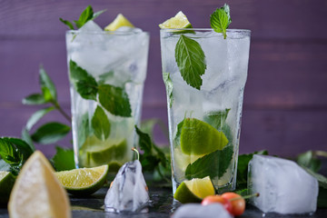 Mojito refreshing summer cocktail. Ingredients: ice, soda, rum, sugar syrup, lime, mint.