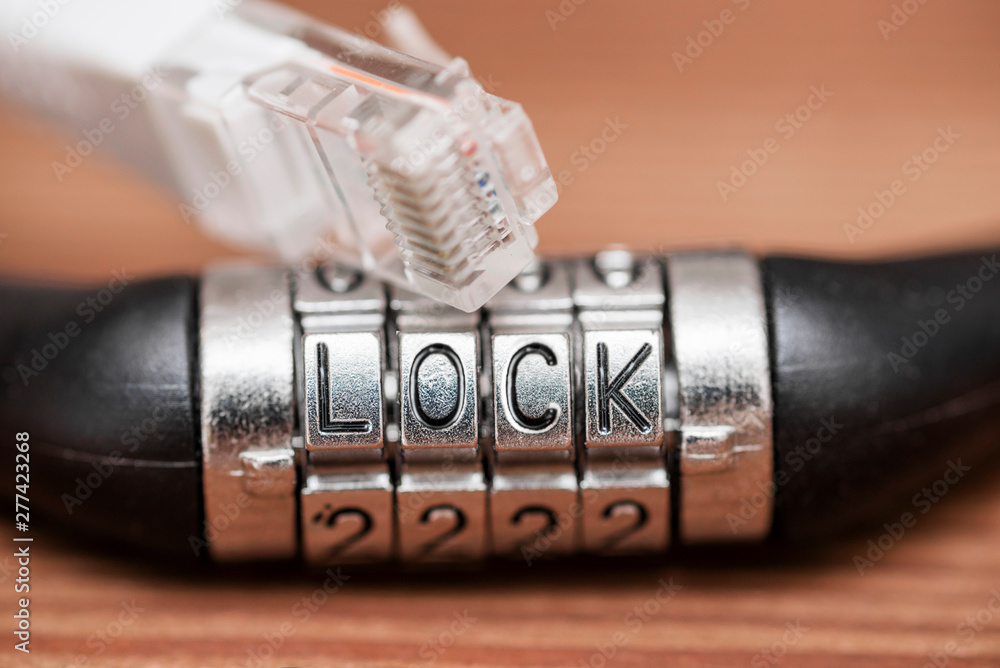 Poster computer internet cable and lock. internet security concept. internet cable and padlock with text lo