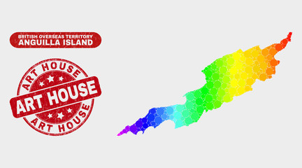 Rainbow colored dot Anguilla Island map and seal stamps. Red round Art House textured seal. Gradient rainbow colored Anguilla Island map mosaic of scattered circle dots.