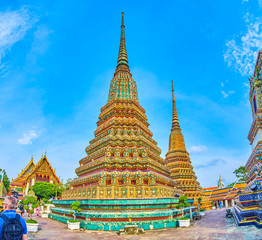 The Phra Maha Chedi complex in Wat Pho temple, Bangkok, Thailand