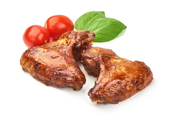 BBQ chicken wings, spicy grilled meat, close-up, isolated on white background