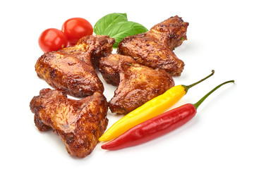 Grilled chicken wings, close-up, isolated on white background