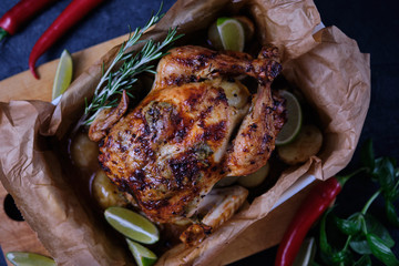 Chicken baked in the oven with spices, lemon, herbs and young potatoes.