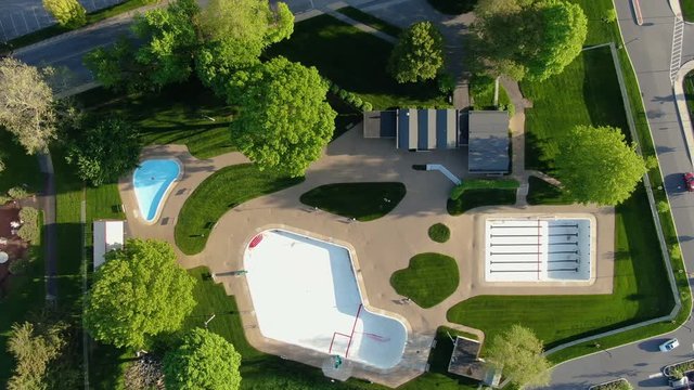 Aerial Overhead View Of A Pool Park With Empty Swimming Pools With No Water