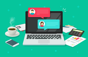 Chat messages on computer online vector illustration, flat cartoon workspace or working desk laptop pc with chatting bubble notifications, concept of people messaging on internet image - obrazy, fototapety, plakaty