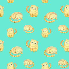 seamless pattern with cute watercolor illustration of cats and stylized flowers.