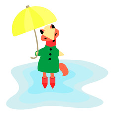Fox character with umbrella and raincoat