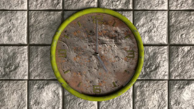 3d animation of round shape old clock on the retro tile. Seamless pattern of time moving. Day night changes.