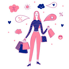 Sale illustration with happy woman holding shopping bags.